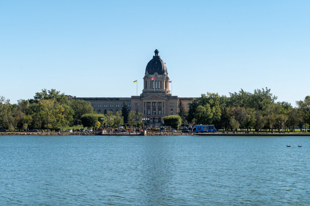 Beautiful view of the facade of Saskatchewan legislative building in Regina, Canada